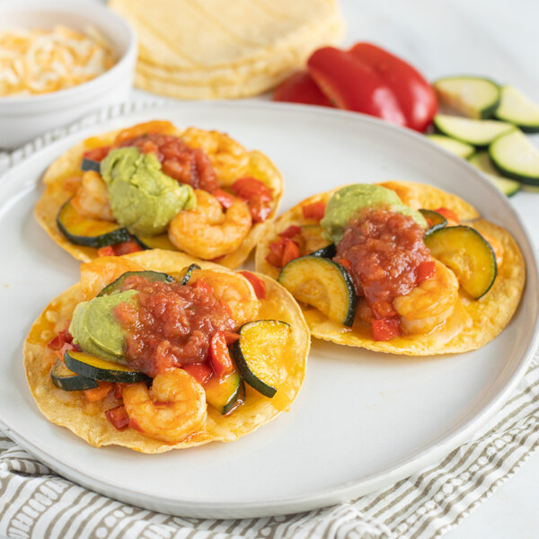 Cheesy Shrimp Tostadas with Zucchini, Bell Pepper, Guacamole & Salsa