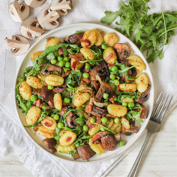 Sheet Pan Gnocchi Bake with Bacon, Mushrooms, Arugula & Green Peas
