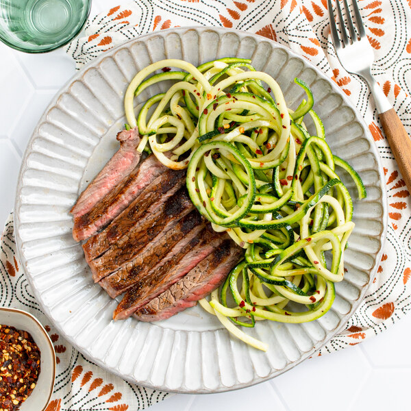 Seared Strip Steak with Crunchy Zucchini Noodles & Sizzling Chili Oil