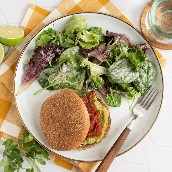 Cheesy Veggie Burger with Guacamole, Salsa & Lime-Cilantro Greens