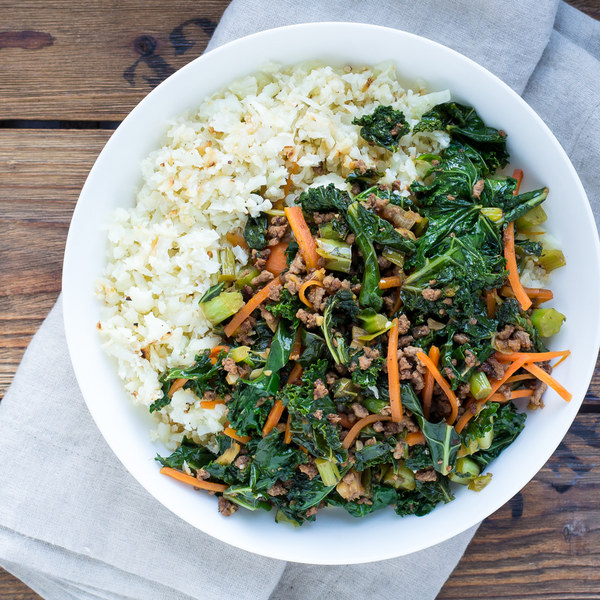 Ground Beef, Kale & Carrot Stir Fry with Cauliflower Rice