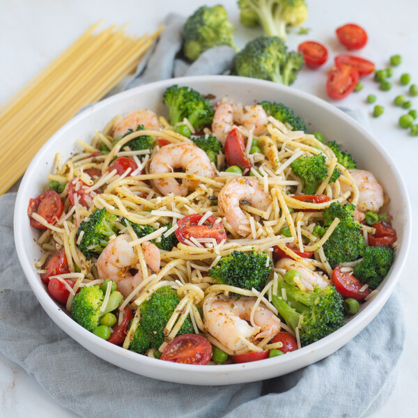 Spaghetti with Shrimp, Grape Tomatoes, Broccoli, Peas & Basil Pesto