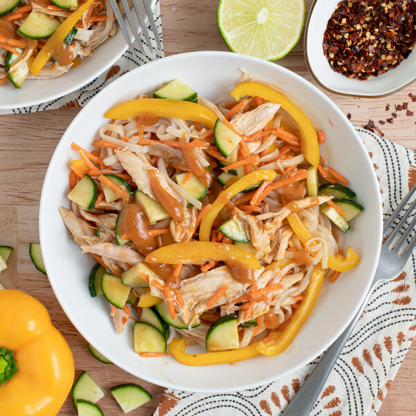 Thai Peanut Chicken Noodle Salad with Bell Pepper, Cucumber & Carrot