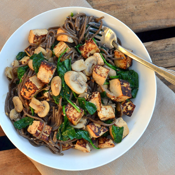 Tofu & Soba Noodle Stir Fry with Spinach & Mushrooms