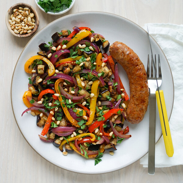 Spicy Italian-Style Sausage Bake with Peppers, Eggplant & Pine Nuts