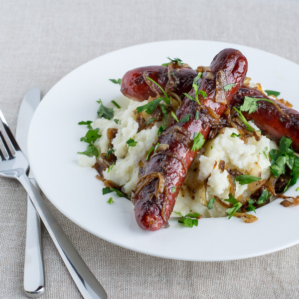 Bangers & Cauliflower Mash with Onion Gravy