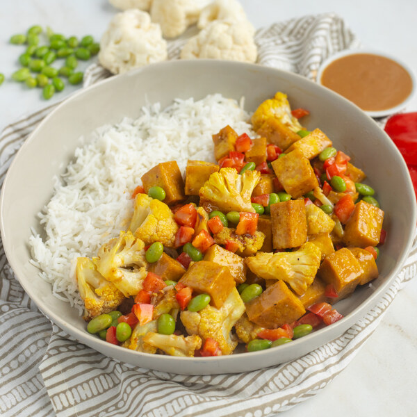 Peanut Tofu-Cauliflower Bake with Bell Pepper, Edamame & Rice