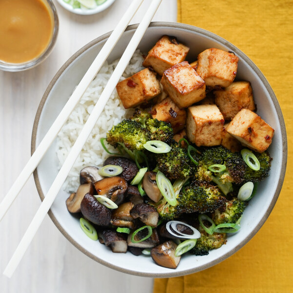 Spicy Tofu Rice Bowl with Broccoli, Mushrooms & Soy-Tahini Dressing