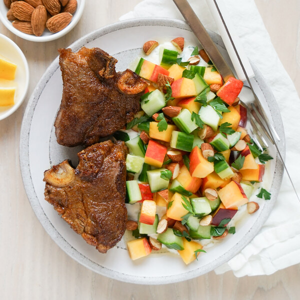 Spicy Seared Lamb Chops with Cucumbers, Peaches, Almonds & Yogurt