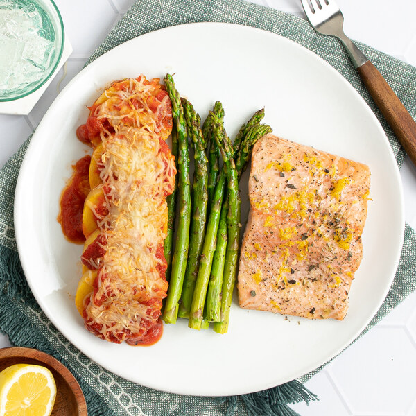 Lemon-Roasted Salmon & Asparagus with Cheesy Polenta Marinara Bake