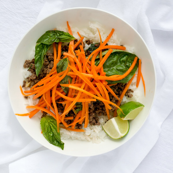 Thai Beef with Carrot-Basil Salad & Jasmine Rice