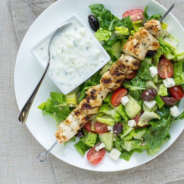 Chicken Kebabs with Greek Salad & Tzatziki Sauce