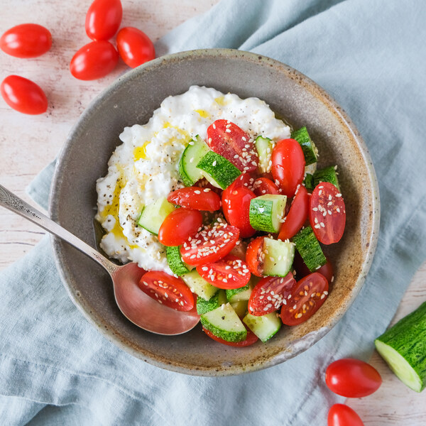 Savory Cottage Cheese with Cucumber, Tomato & Sesame Seeds