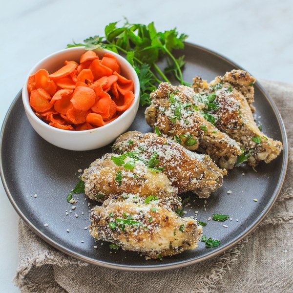Garlic Parmesan Chicken Wings with Spicy Roasted Carrot 