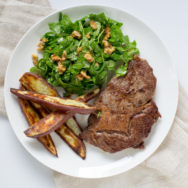 Ribeye Steak with Sweet Potato Wedges & Arugula-Walnut Salad