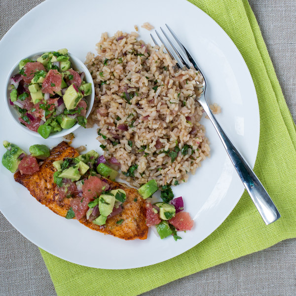 Salmon & Avocado-Grapefruit Salsa with Lime Cilantro Rice Pilaf