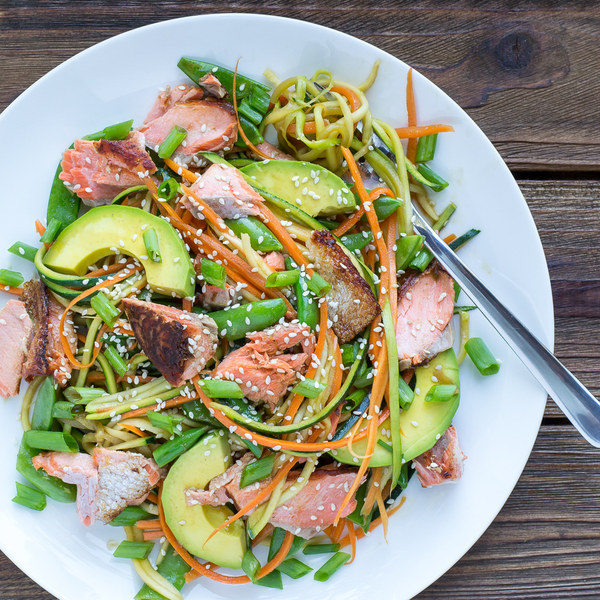 Asian Salmon Zucchini Noodle Bowl with Carrots & Sugar Snap Peas