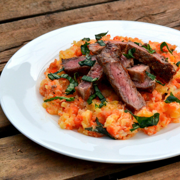 Steak with Mashed Turnip, Potato & Carrot Medley