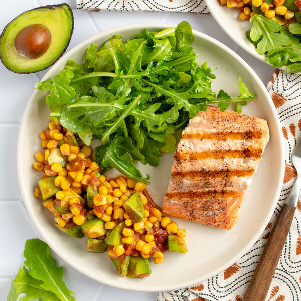 Grilled Salmon with Avocado-Corn Salsa & Dressed Arugula
