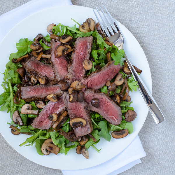 Steak with Arugula, Caramelized Onions & Balsamic Mushrooms