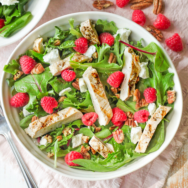 Grilled Chicken Salad with Goat Cheese, Fresh Raspberries & Pecans
