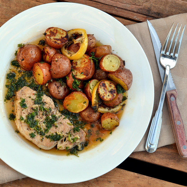Parsley Pork Chops with Lemon & Herb Roasted New Potatoes