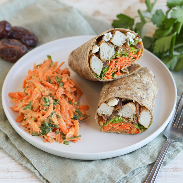 Chicken Wrap with Feta, Dates, Lettuce, Parsley & Curried Carrot Salad