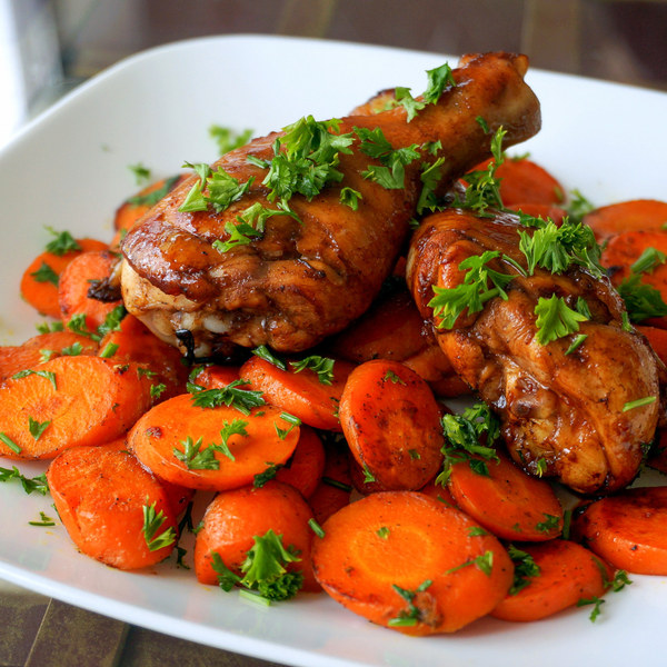 Balsamic Chicken Drumsticks with Garlic & Parsley Sautéed Carrots