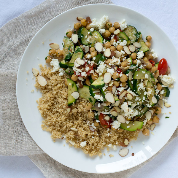 Chickpea & Zucchini Sauté with Couscous, Feta & Almonds