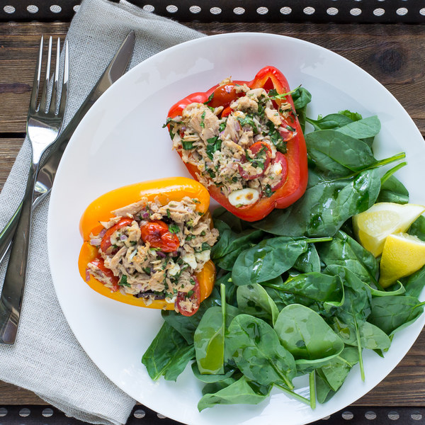 Mediterranean Tuna Stuffed Bell Peppers with Baby Spinach Salad