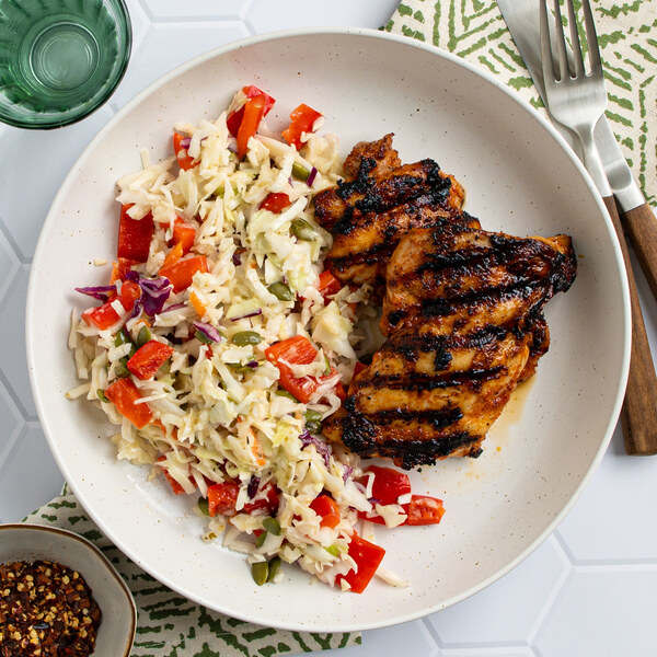 Grilled Tomato-Garlic Chicken Thighs with Bell Pepper & Cabbage Salad