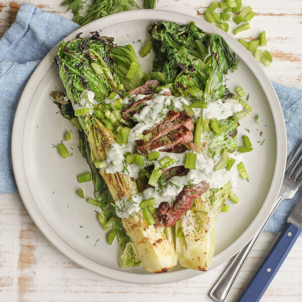 Grilled Romaine Steak Salad with Celery & Dill-Blue Cheese Dressing