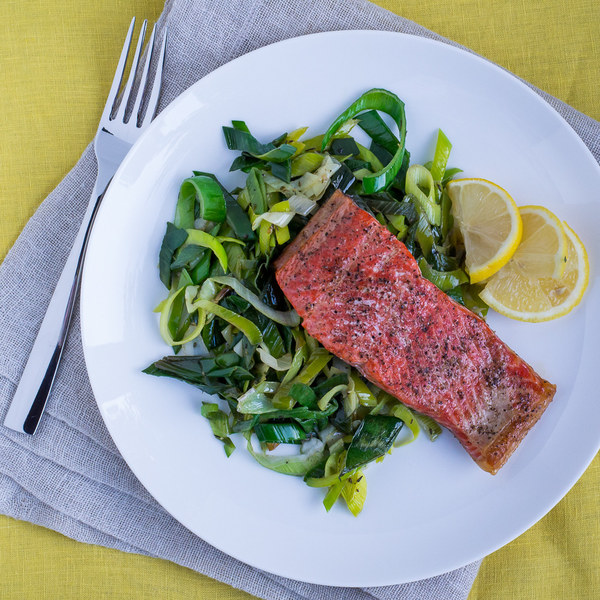 Roasted Salmon with Garlic Buttered Leeks