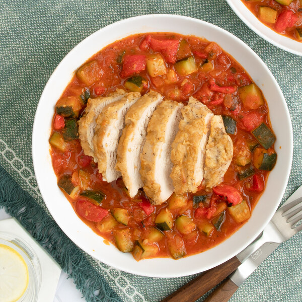 Hummus Baked Chicken with Zucchini, Onion, Pepper & Tomato Stew