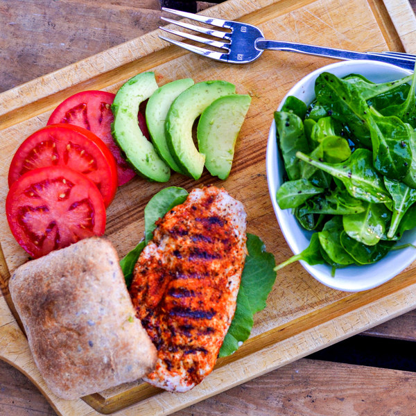 Cajun Chicken & Avocado Burger with Baby Spinach Salad