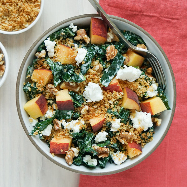 Creamy Dijon Kale-Peach Salad with Walnuts, Goat Cheese & Bread Crumbs
