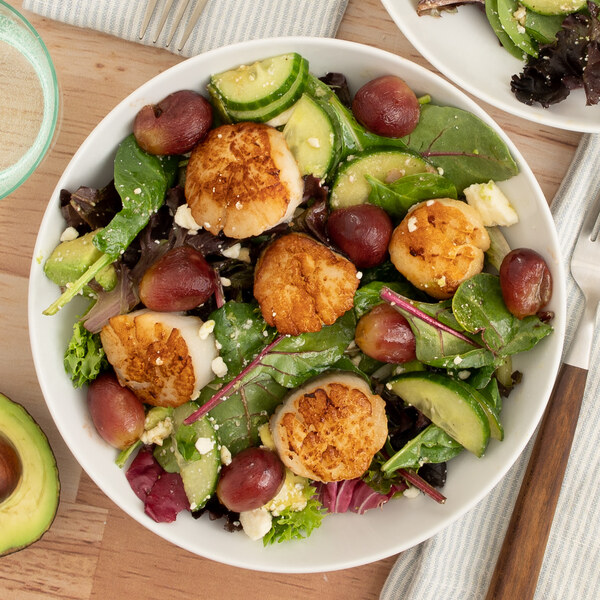 Seared Scallop Salad with Balsamic Roasted Grapes, Avocado & Feta