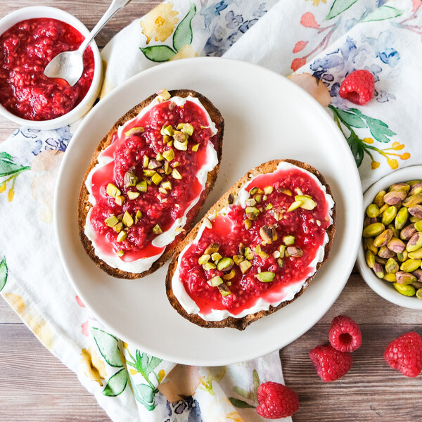 Toast with Cream Cheese, Honey-Crushed Raspberries & Pistachios