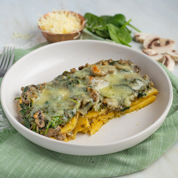Cheesy Basil Pesto Polenta Bake with Spinach & Mushrooms
