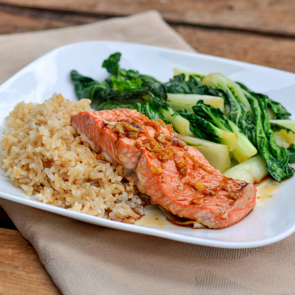 Honey-Soy Glazed Salmon with Sautéed Bok Choy & Basmati Rice