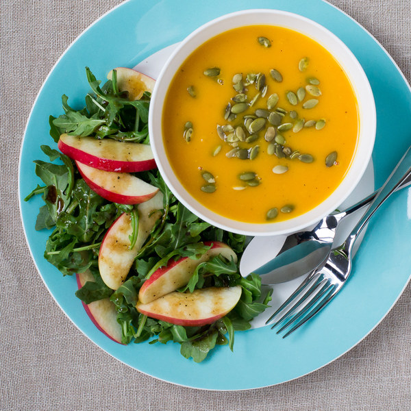 Butternut Squash Soup with Pumpkin Seeds & Arugula-Apple Salad
