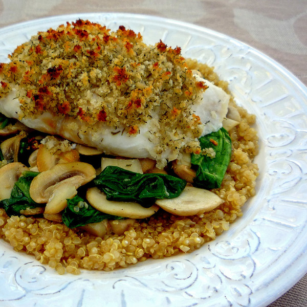 Breadcrumb-Crusted Halibut with Mushroom-Spinach Sauté & Quinoa