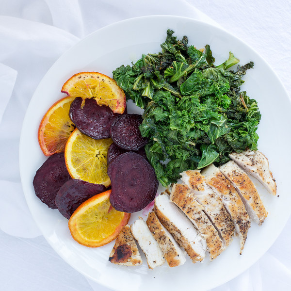 Chicken & Sautéed Kale with Roasted Beet & Orange Slices