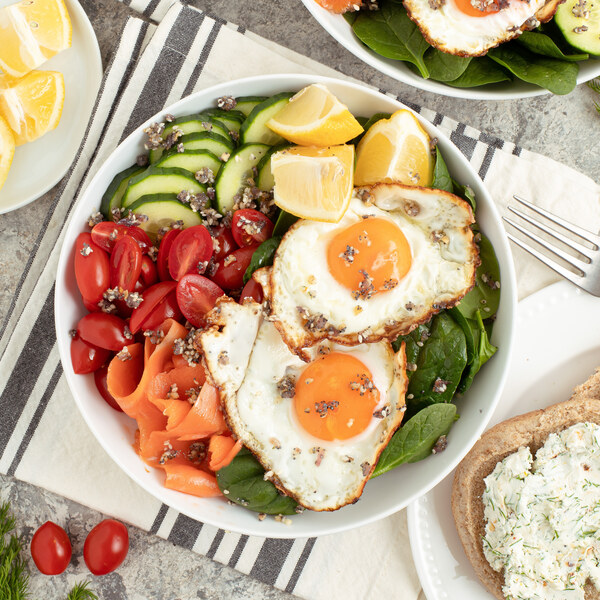 "Everything Spice" Fried Egg Bowl with Spinach, Smoked Salmon & Toast
