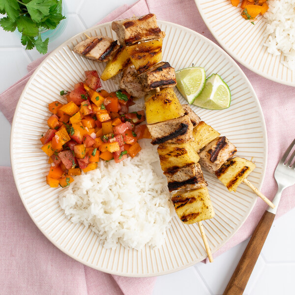 Pineapple Pork Skewers with Bell Pepper-Tomato Salad & Rice