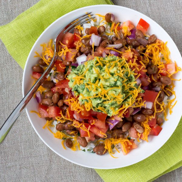 Veggie Burrito Bowl with Salsa, Guacamole & Cheddar