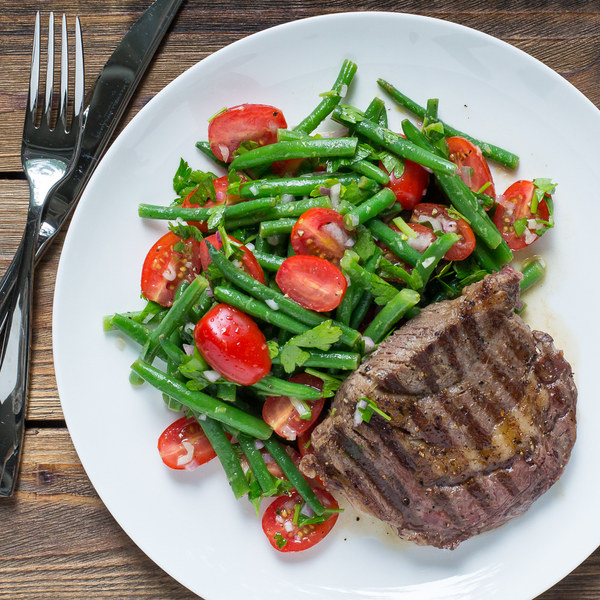 Grilled Steak with Green Bean & Grape Tomato Salad