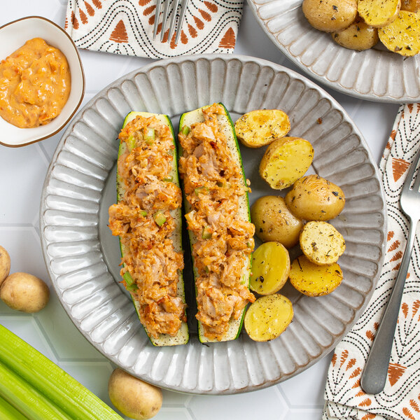 Tuna Zucchini Boats with Sun-Dried Tomato Pesto, Parmesan & Potatoes