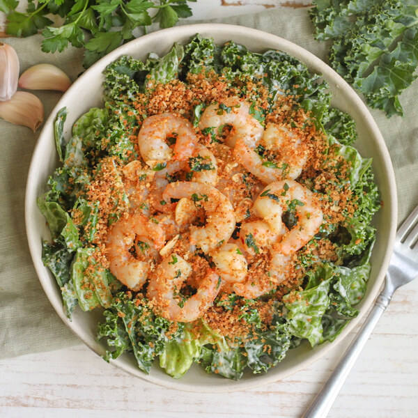 "Shrimp Scampi" Caesar Salad with Kale, Romaine & Toasted Bread Crumbs