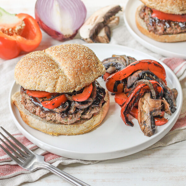 Beef Burger with Balsamic BBQ Sauce, Portobello Mushrooms & Peppers